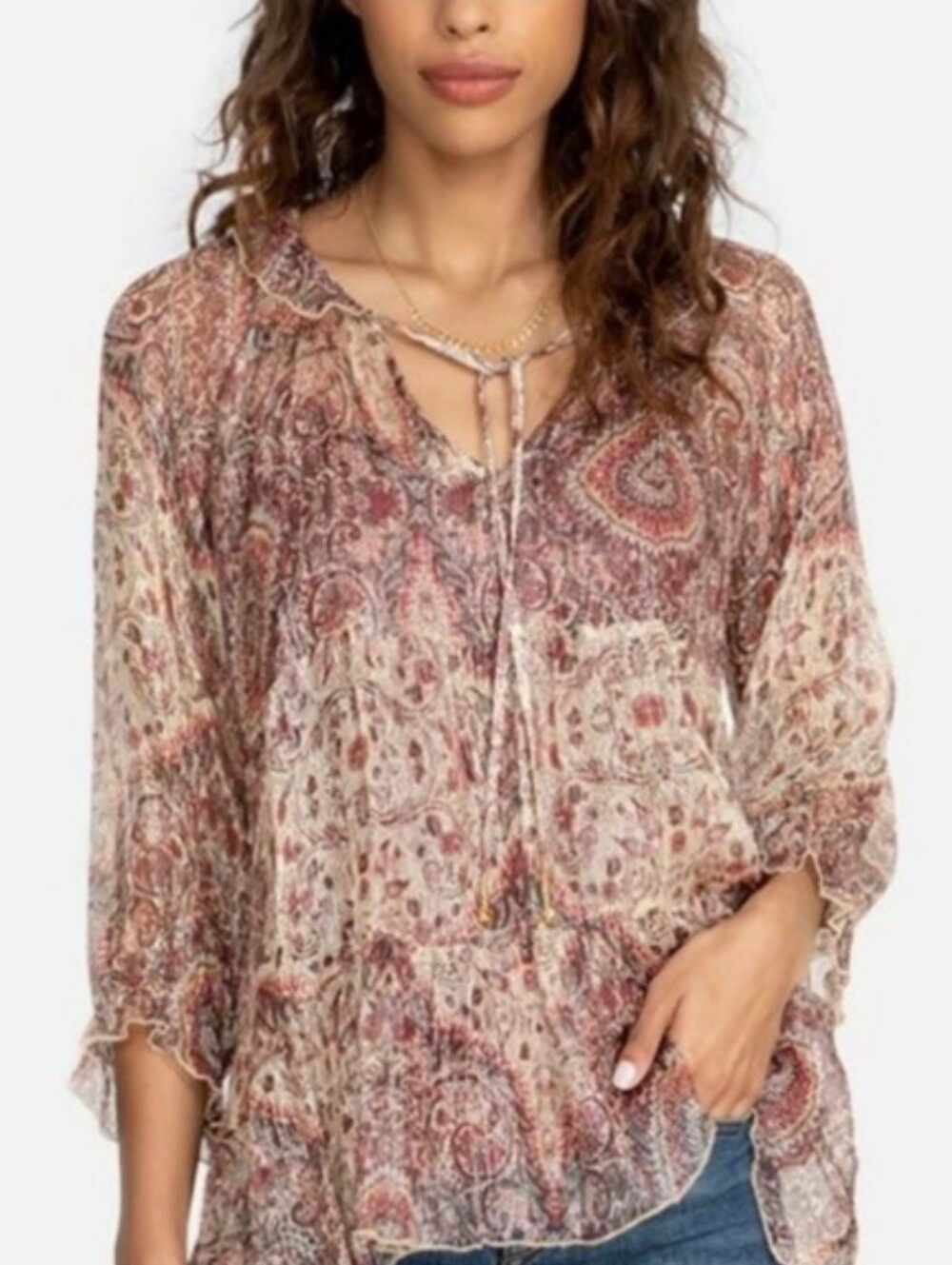 Johnny Was Silk Paisley Print Metallic Flowy Tunic Top Blouse XL